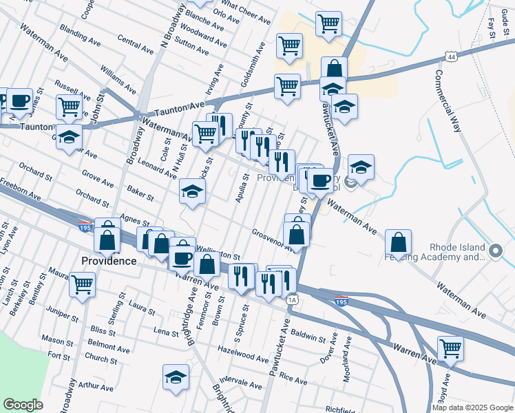 map of restaurants, bars, coffee shops, grocery stores, and more near 69 Roma Street in East Providence