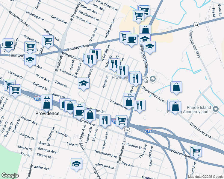 map of restaurants, bars, coffee shops, grocery stores, and more near 69 Roma Street in East Providence