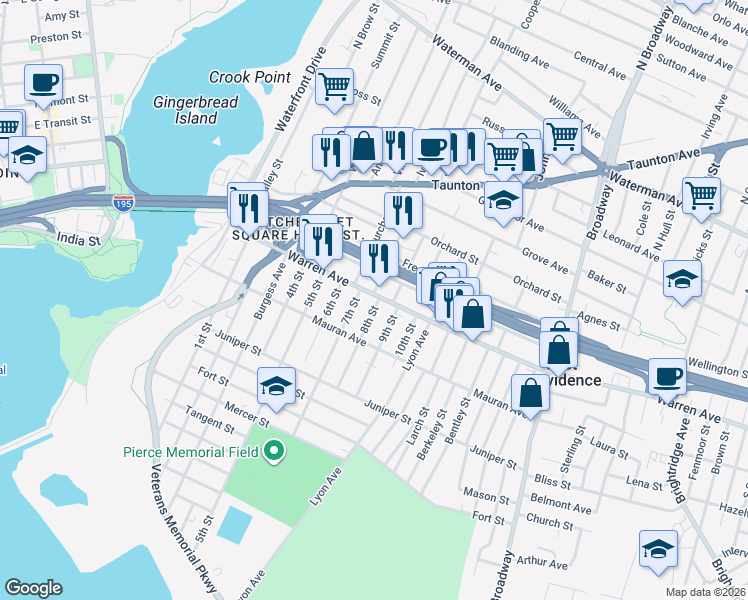 map of restaurants, bars, coffee shops, grocery stores, and more near 15 9th Street in East Providence