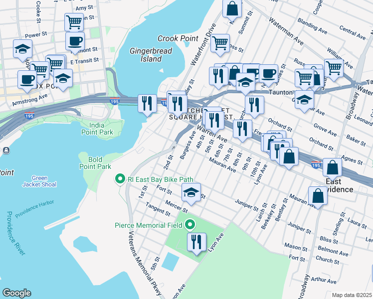 map of restaurants, bars, coffee shops, grocery stores, and more near 54 4th Street in East Providence