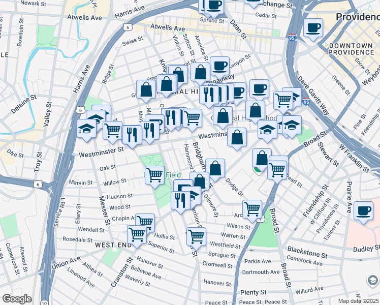 map of restaurants, bars, coffee shops, grocery stores, and more near 30 Hammond Street in Providence