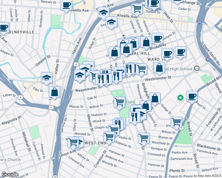 map of restaurants, bars, coffee shops, grocery stores, and more near 25 Parade Street in Providence