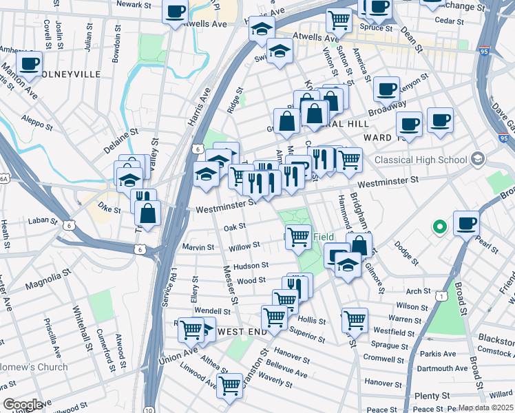 map of restaurants, bars, coffee shops, grocery stores, and more near 43 Oak Street in Providence