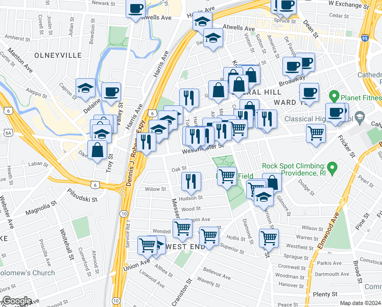 map of restaurants, bars, coffee shops, grocery stores, and more near 43 Oak Street in Providence
