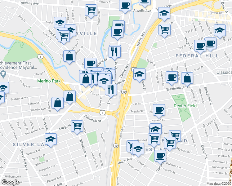 map of restaurants, bars, coffee shops, grocery stores, and more near 7 Dike Street in Providence