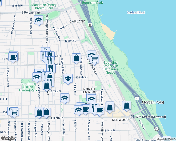 map of restaurants, bars, coffee shops, grocery stores, and more near 4344 South Greenwood Avenue in Chicago