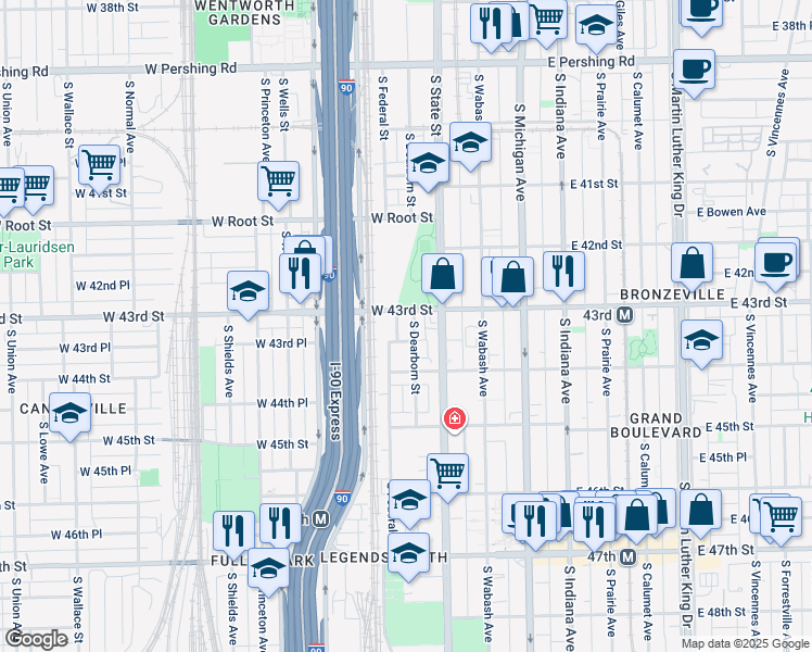 map of restaurants, bars, coffee shops, grocery stores, and more near 4333 South Dearborn Street in Chicago