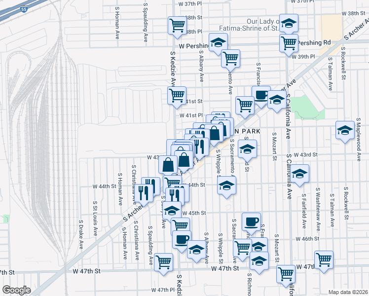 map of restaurants, bars, coffee shops, grocery stores, and more near 3144 West Pope John Paul II Drive in Chicago