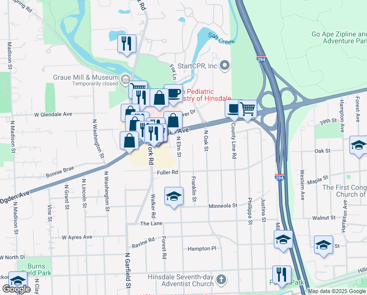map of restaurants, bars, coffee shops, grocery stores, and more near 727 North Elm Street in Hinsdale