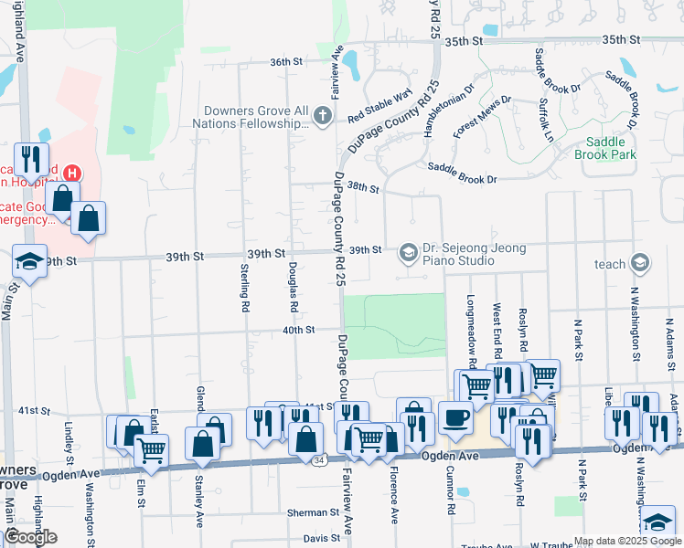 map of restaurants, bars, coffee shops, grocery stores, and more near 3940 Fairview Avenue in Downers Grove