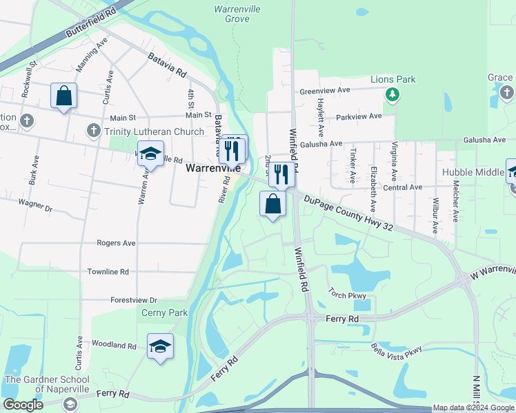 map of restaurants, bars, coffee shops, grocery stores, and more near 32302 Millard Lane in Warrenville