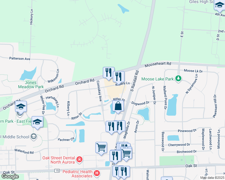 map of restaurants, bars, coffee shops, grocery stores, and more near 1215 Ritter Street in North Aurora