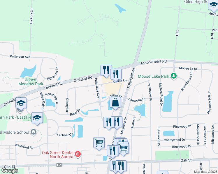 map of restaurants, bars, coffee shops, grocery stores, and more near 1215 Ritter Street in North Aurora