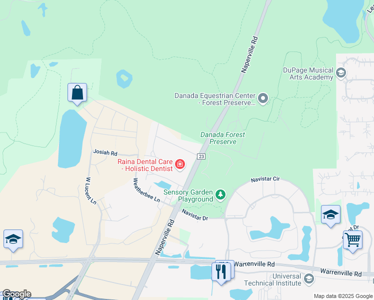 map of restaurants, bars, coffee shops, grocery stores, and more near 25 Fairmeadow Lane in Naperville