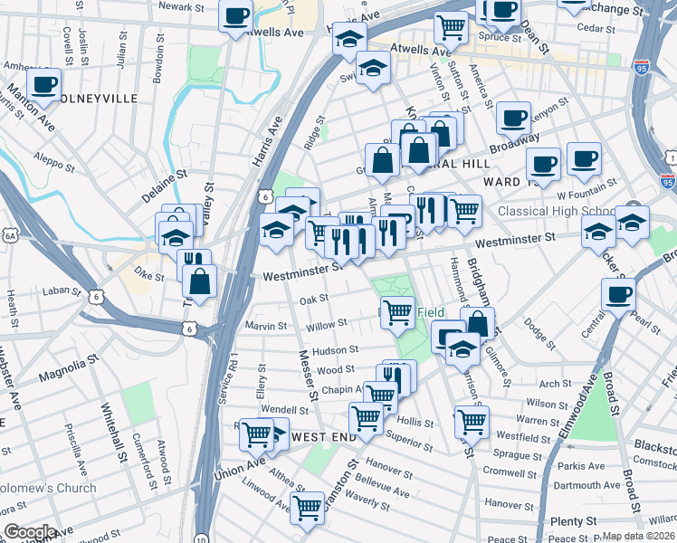 map of restaurants, bars, coffee shops, grocery stores, and more near 1510 Westminster Street in Providence