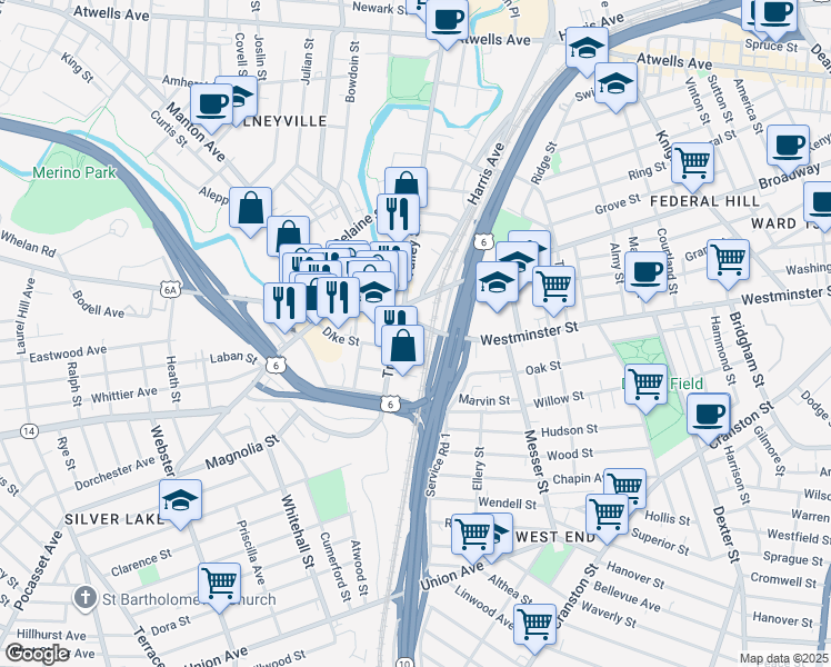 map of restaurants, bars, coffee shops, grocery stores, and more near 7 Dike Street in Providence