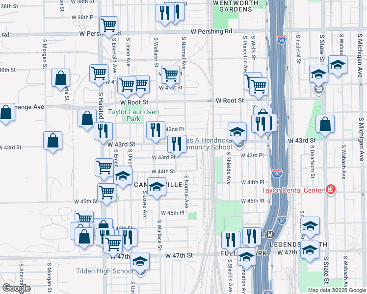 map of restaurants, bars, coffee shops, grocery stores, and more near 503 West 43rd Street in Chicago