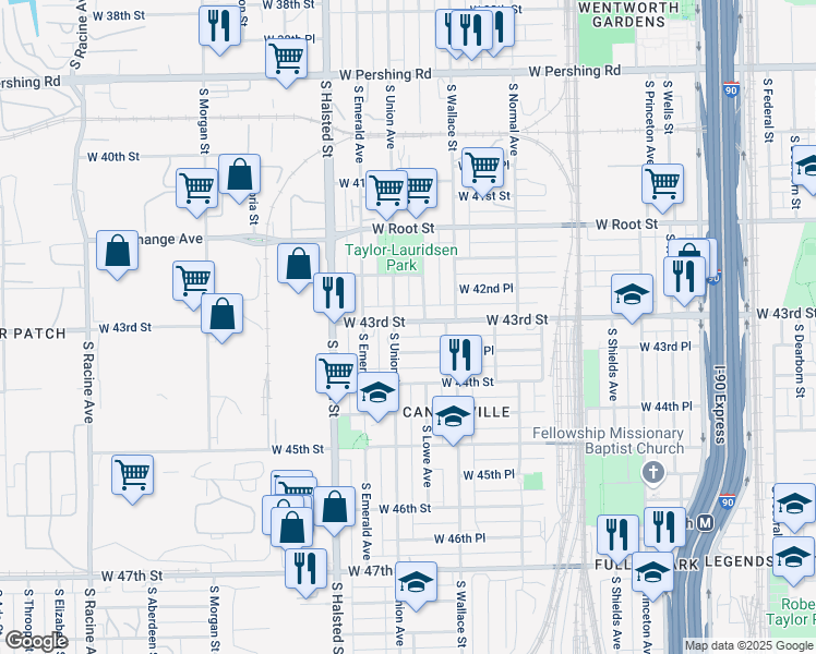 map of restaurants, bars, coffee shops, grocery stores, and more near 647 West 43rd Street in Chicago