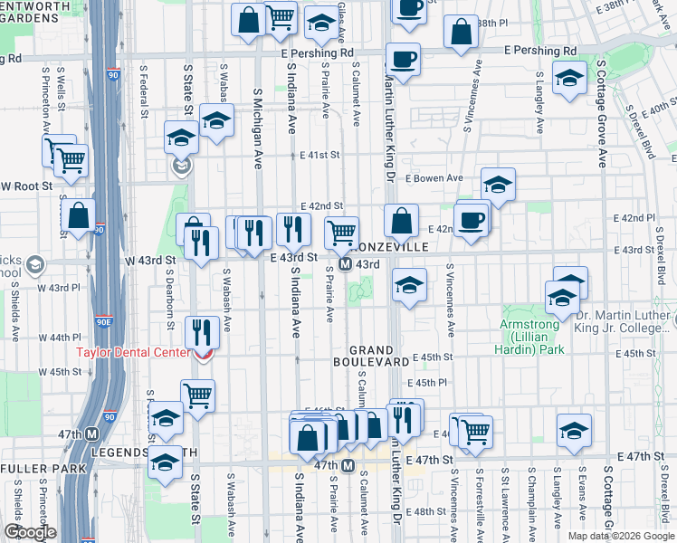 map of restaurants, bars, coffee shops, grocery stores, and more near 4341 South Prairie Avenue in Chicago