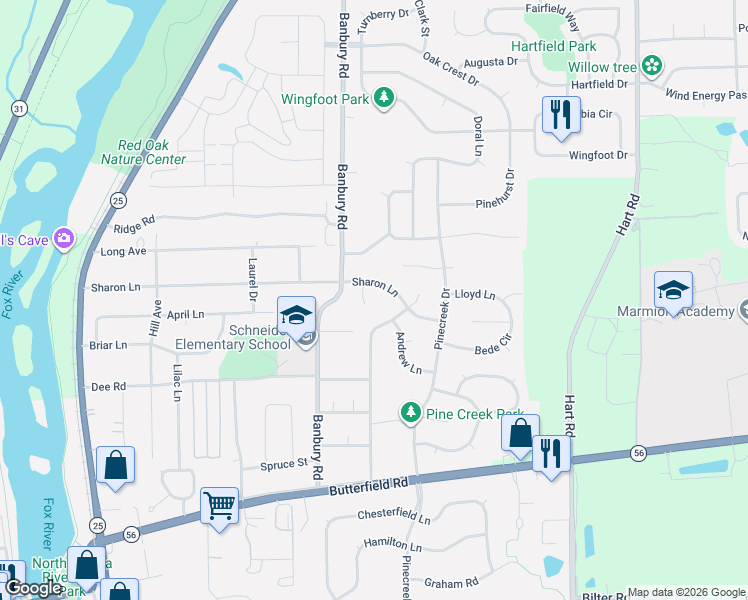 map of restaurants, bars, coffee shops, grocery stores, and more near 416 Hickory Street in North Aurora