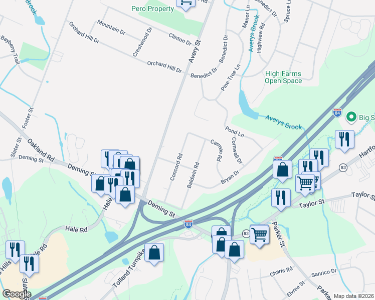 map of restaurants, bars, coffee shops, grocery stores, and more near 90 Baldwin Road in Manchester