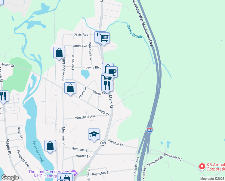 map of restaurants, bars, coffee shops, grocery stores, and more near 535 Main Street in Killingly