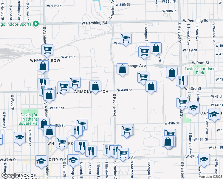 map of restaurants, bars, coffee shops, grocery stores, and more near 4330 South Racine Avenue in Chicago