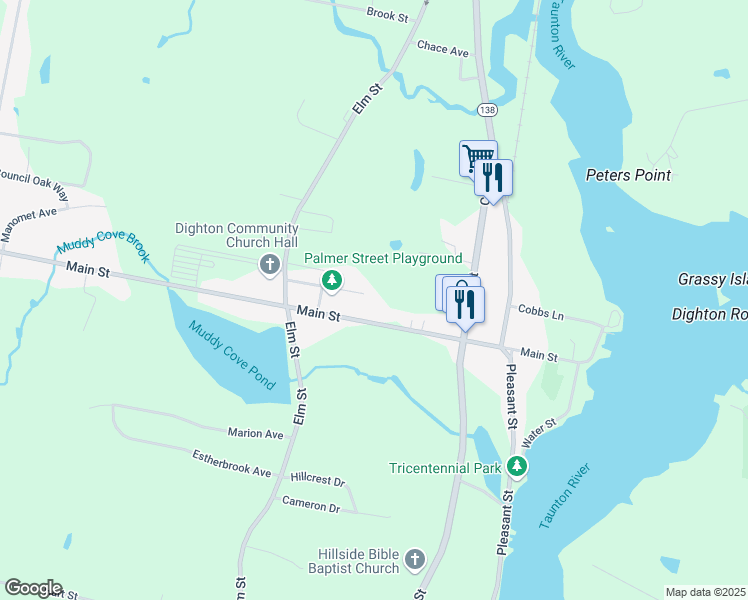 map of restaurants, bars, coffee shops, grocery stores, and more near 352 Main Street in Dighton
