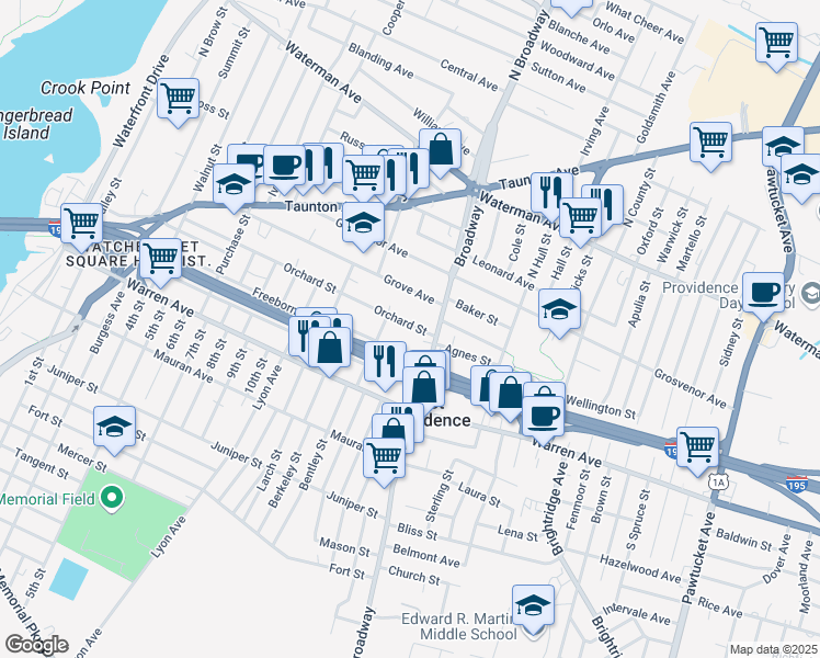 map of restaurants, bars, coffee shops, grocery stores, and more near 935 Broadway in East Providence