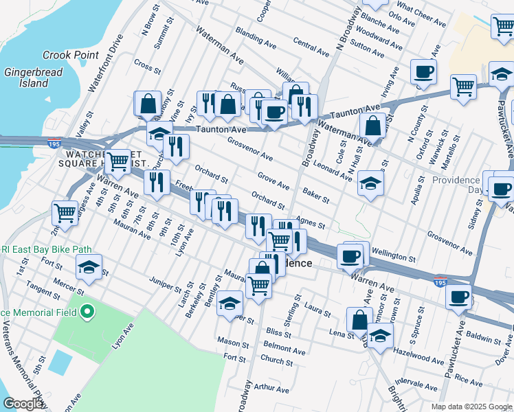map of restaurants, bars, coffee shops, grocery stores, and more near 218 Freeborn Avenue in East Providence
