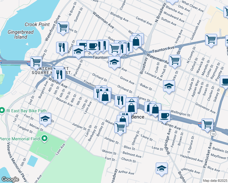 map of restaurants, bars, coffee shops, grocery stores, and more near 29 Oakley Street in East Providence