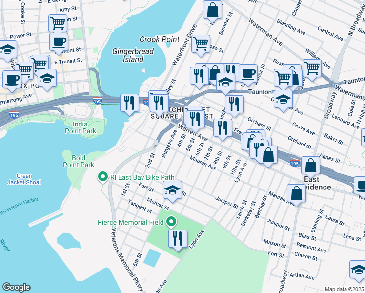 map of restaurants, bars, coffee shops, grocery stores, and more near 54 4th Street in East Providence