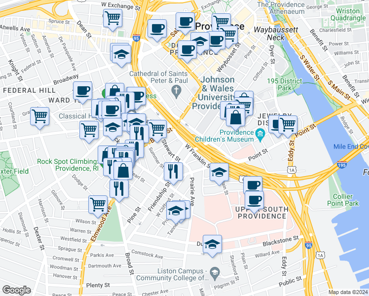 map of restaurants, bars, coffee shops, grocery stores, and more near 368 Pine Street in Providence