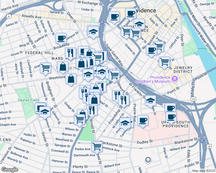 map of restaurants, bars, coffee shops, grocery stores, and more near 40 Haskins Street in Providence