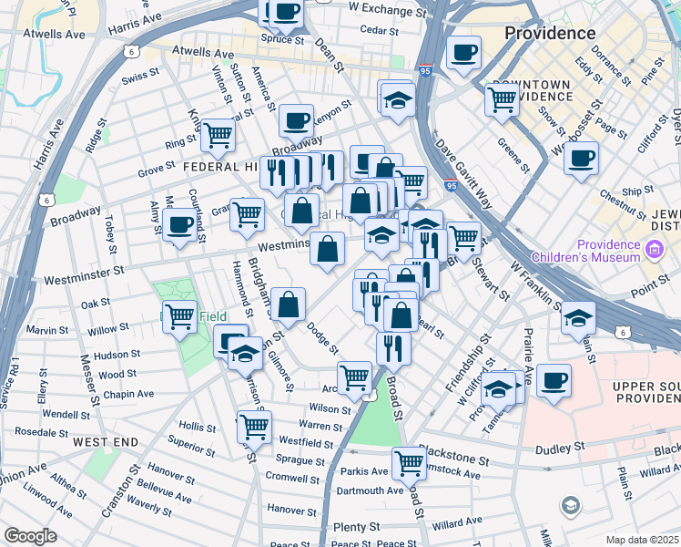 map of restaurants, bars, coffee shops, grocery stores, and more near 101 Cranston Street in Providence