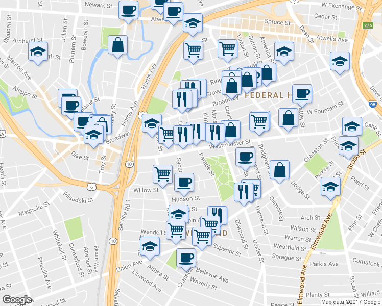 map of restaurants, bars, coffee shops, grocery stores, and more near 43 Oak Street in Providence
