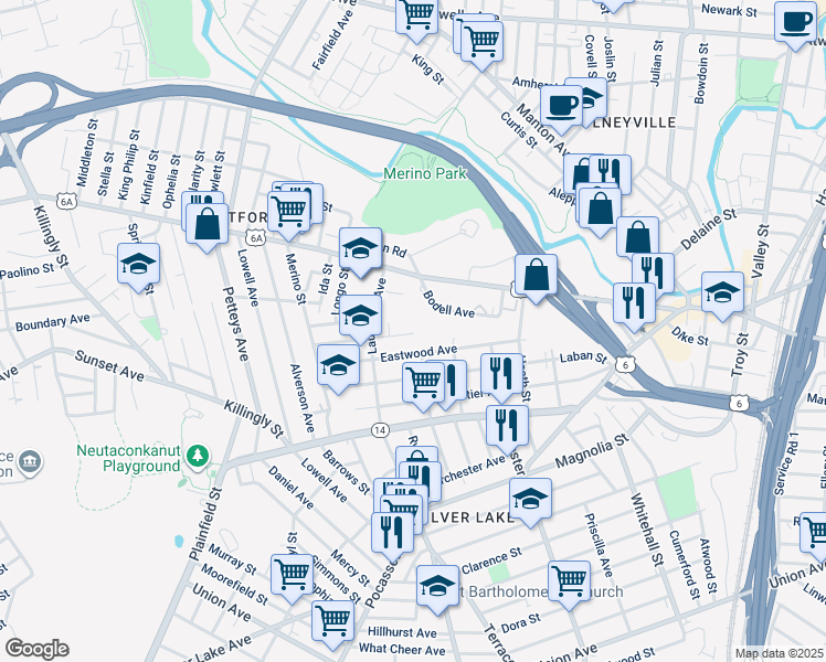 map of restaurants, bars, coffee shops, grocery stores, and more near 169 Eastwood Avenue in Providence