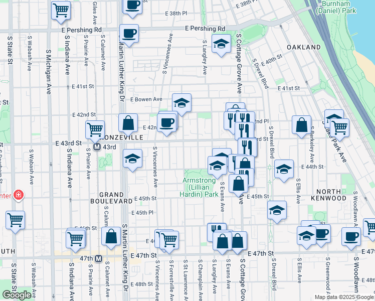 map of restaurants, bars, coffee shops, grocery stores, and more near 4340 South Saint Lawrence Avenue in Chicago