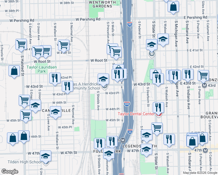 map of restaurants, bars, coffee shops, grocery stores, and more near 4335 South Princeton Avenue in Chicago