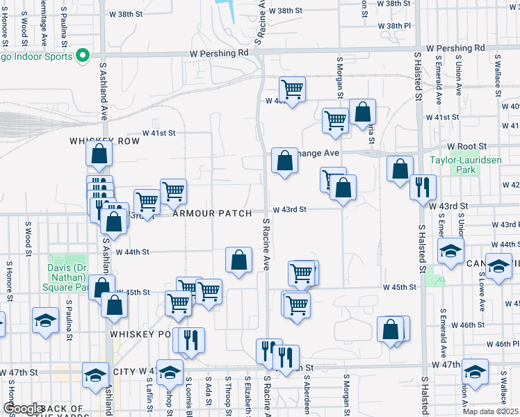 map of restaurants, bars, coffee shops, grocery stores, and more near 4330 South Racine Avenue in Chicago