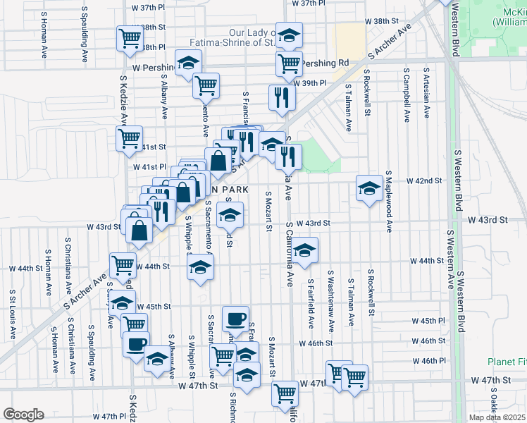 map of restaurants, bars, coffee shops, grocery stores, and more near 4254 South Mozart Street in Chicago
