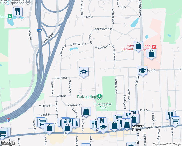 map of restaurants, bars, coffee shops, grocery stores, and more near 3928 Venard Rd in Downers Grove