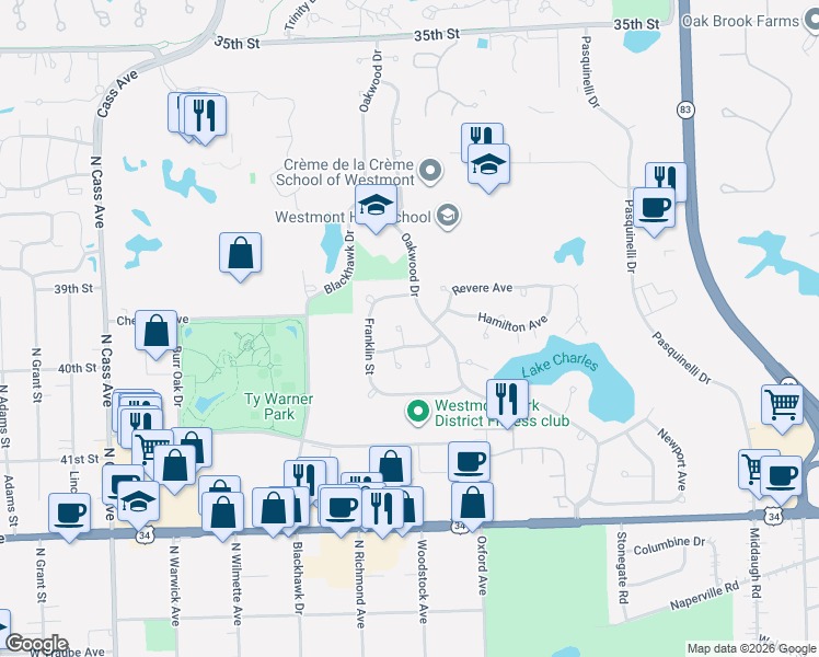 map of restaurants, bars, coffee shops, grocery stores, and more near 427 Monticello Avenue in Westmont