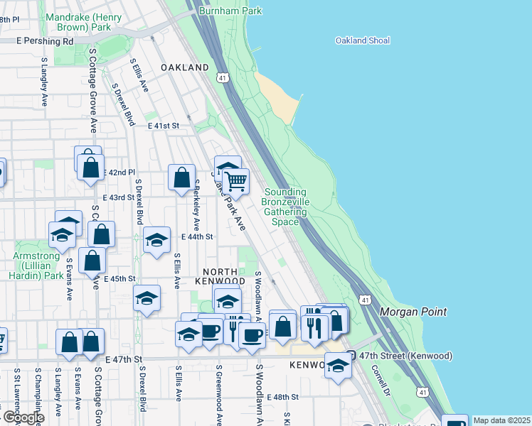 map of restaurants, bars, coffee shops, grocery stores, and more near 4352 South Oakenwald Avenue in Chicago