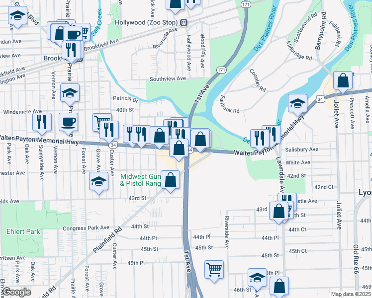 map of restaurants, bars, coffee shops, grocery stores, and more near Ogden Avenue & 1st Avenue in Lyons