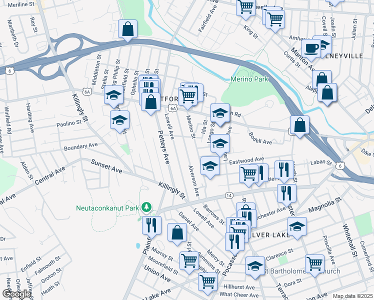 map of restaurants, bars, coffee shops, grocery stores, and more near 97 Alverson Avenue in Providence