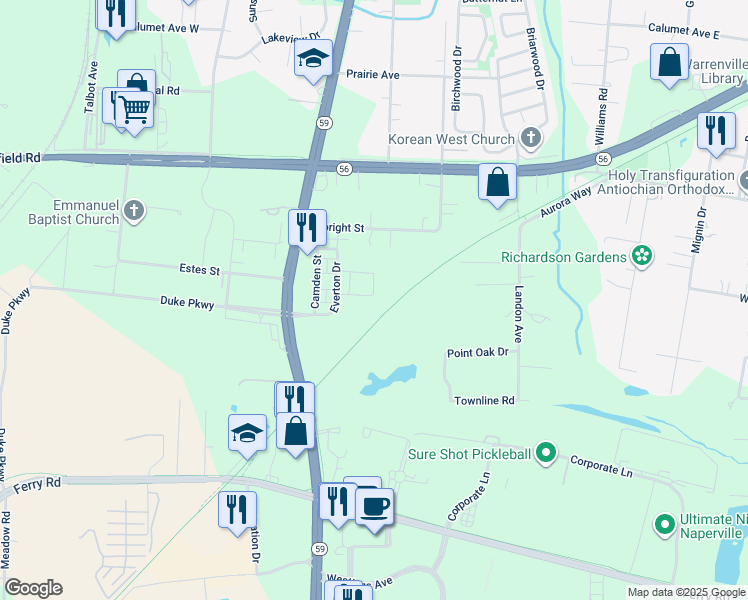 map of restaurants, bars, coffee shops, grocery stores, and more near 3S635 Everton Drive in Warrenville