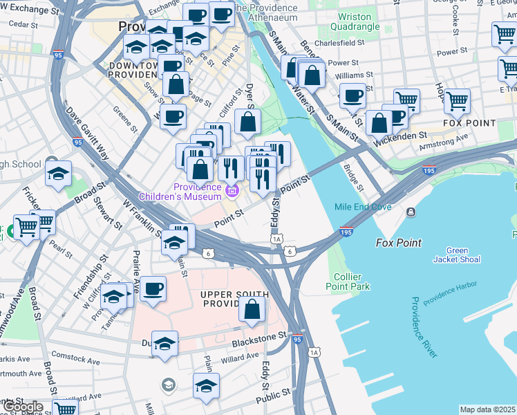 map of restaurants, bars, coffee shops, grocery stores, and more near 7 Marengo Street in Providence