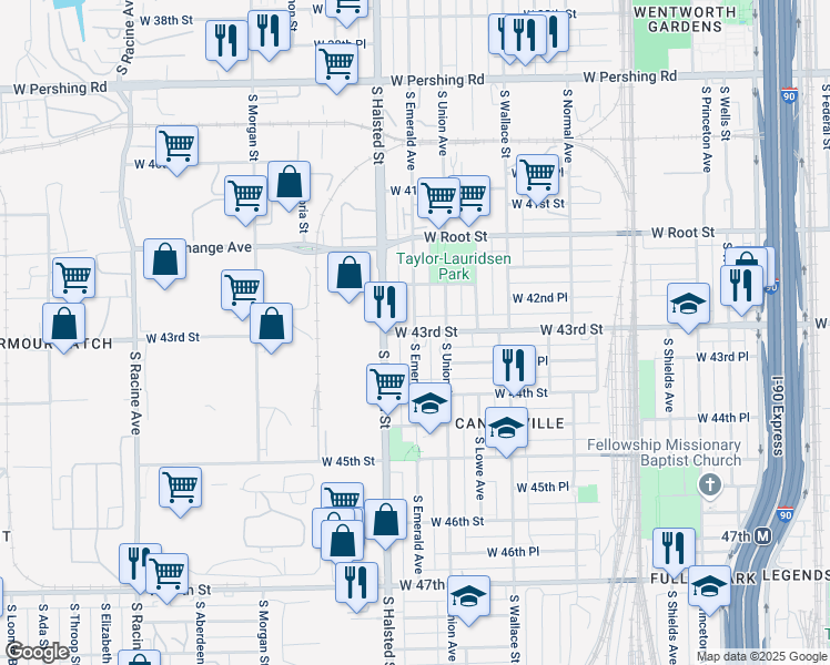 map of restaurants, bars, coffee shops, grocery stores, and more near South Emerald Avenue & West 43rd Street in Chicago