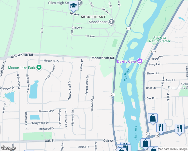 map of restaurants, bars, coffee shops, grocery stores, and more near Wildwood Dr & Timber Oaks Dr in North Aurora